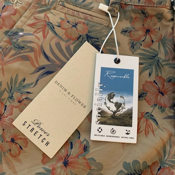 Denim & Flower Men's Floral Chino Shorts - Tan with Green & Orange Accents - Picture 5 of 12